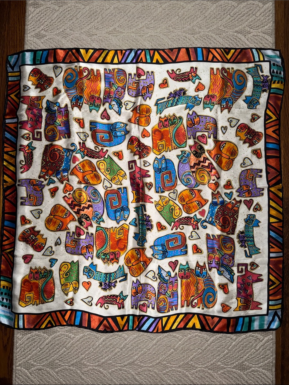 Whimsical Cats 100% Silk Scarf, Shawl Wrap, XL Square 34”, Folk Art Design, EUC